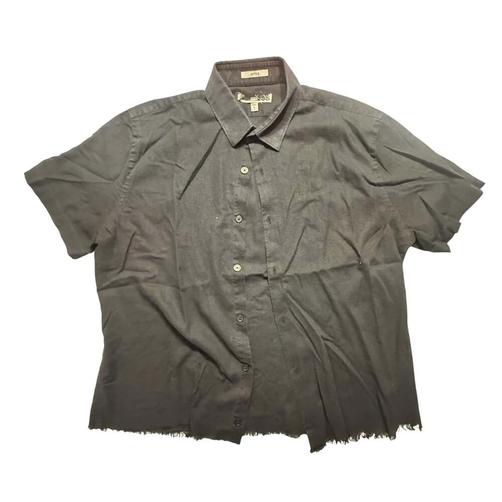 Express Fitted Short Sleeve Raw Hem Button Down Shirt